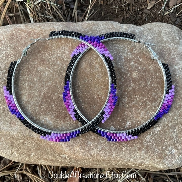 Purple Wave Beaded Hoops, New, Handmade by Me - Picture 2 of 8